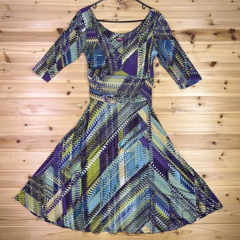 Salaam Dress Womens Small Multicolor Geometric Fit and Flare 3/4 Sleeve Dress